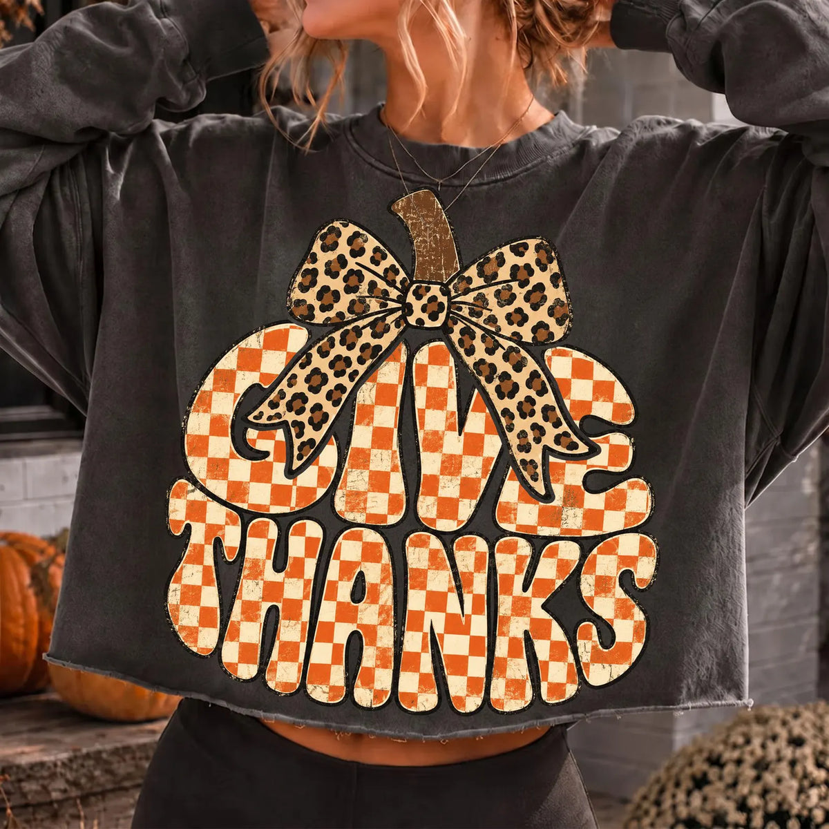 Give Thanks Checkerboard & Leopard Bow | Ready-to-Press DTF Transfer